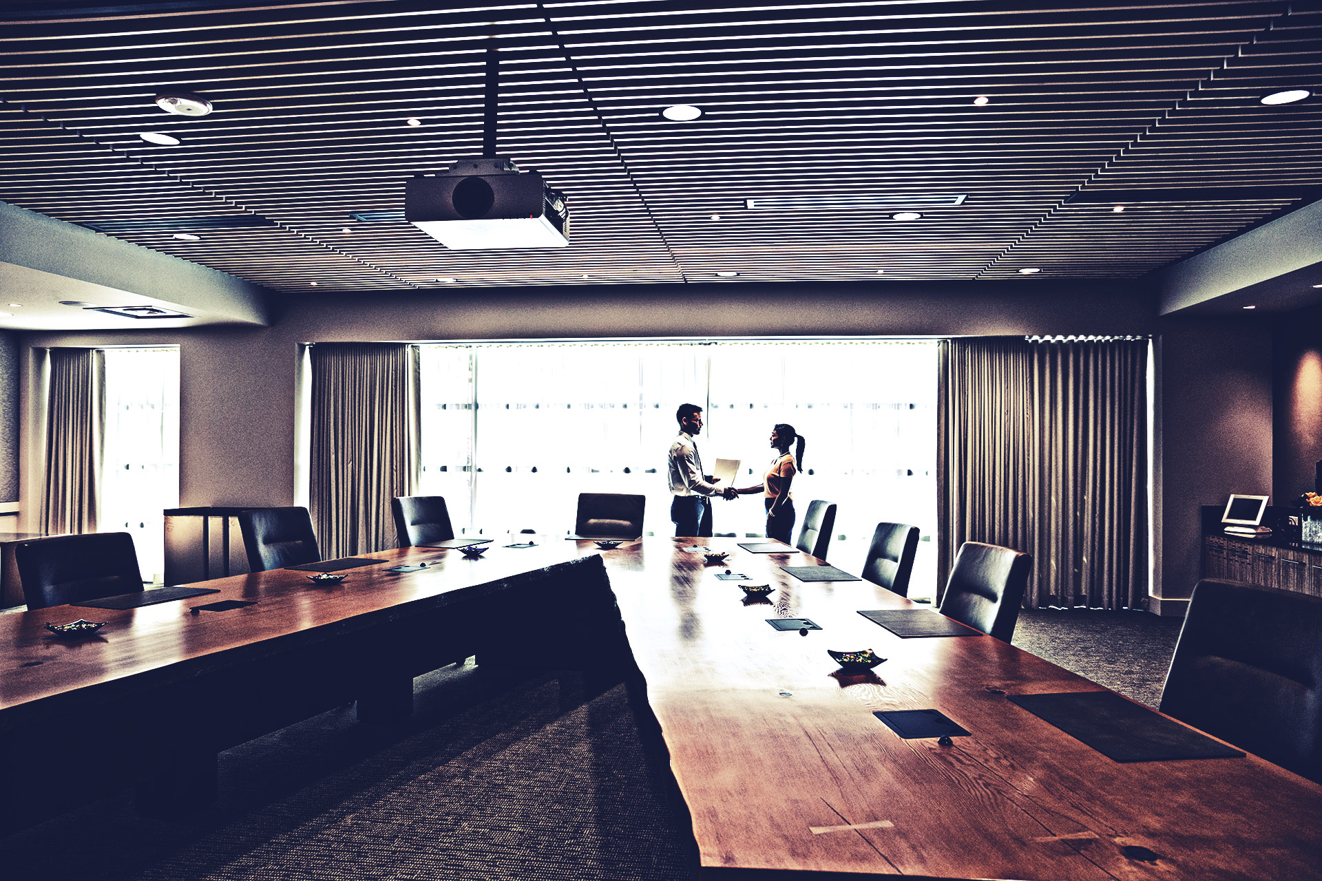 Businesswoman and man meeting in a large conference room.